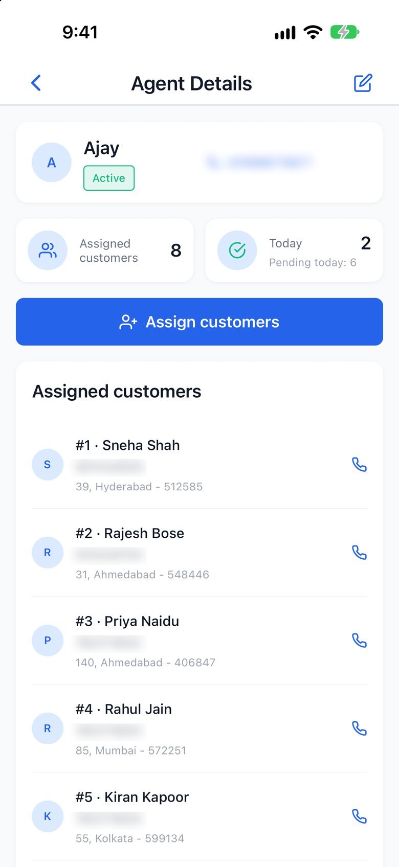 Delivery agent with assigned customers and today's progress
