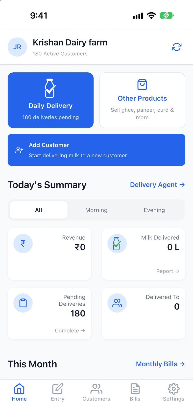MilkBook home with today's revenue, milk delivered, and pending deliveries