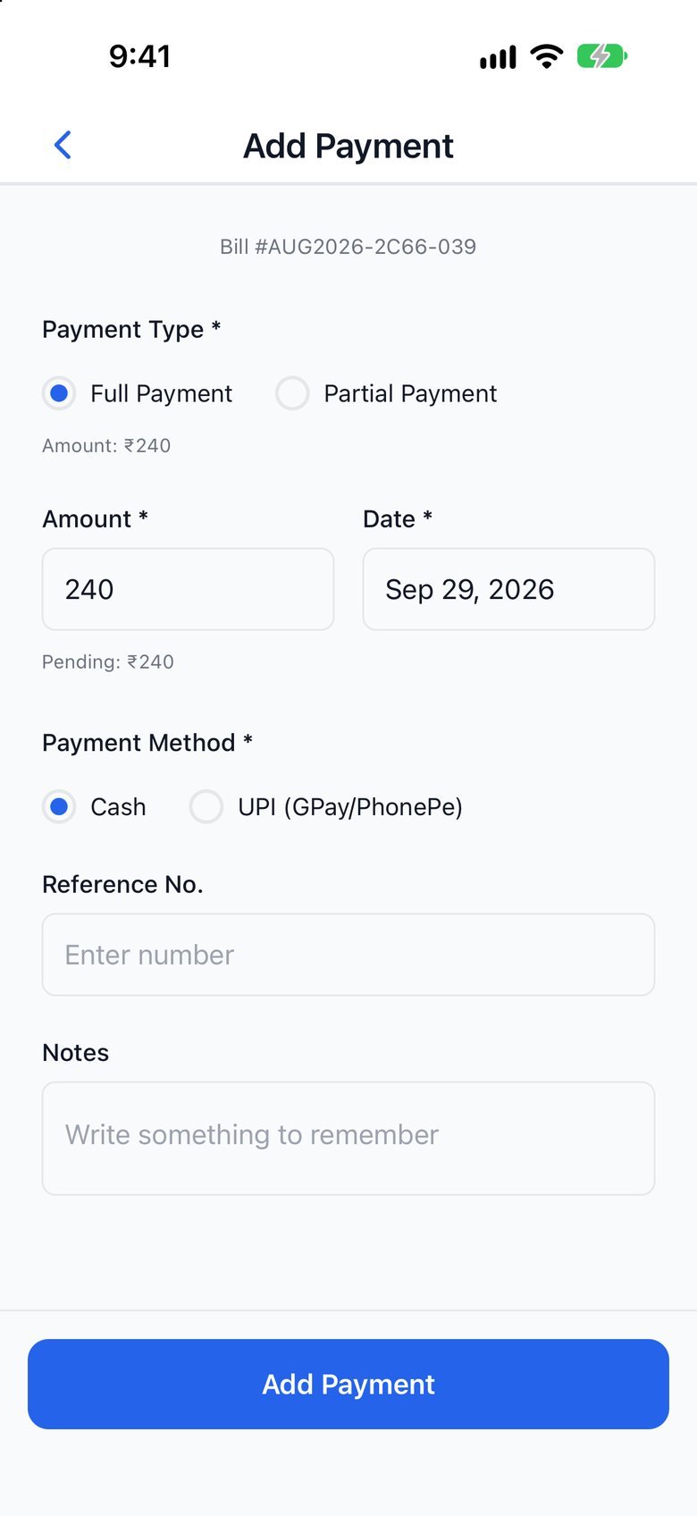 Record a full or partial payment in cash or UPI