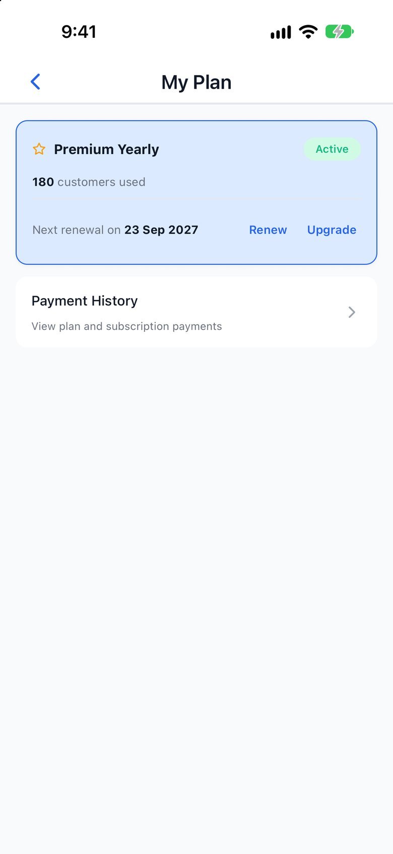 My Plan showing Premium Yearly with renewal date