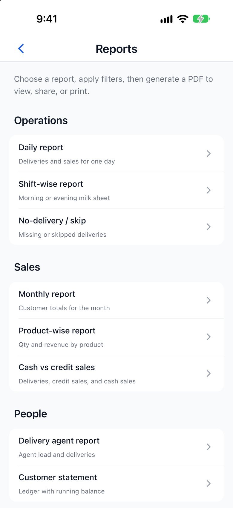 Reports hub with daily, shift-wise, monthly, product-wise, and agent reports